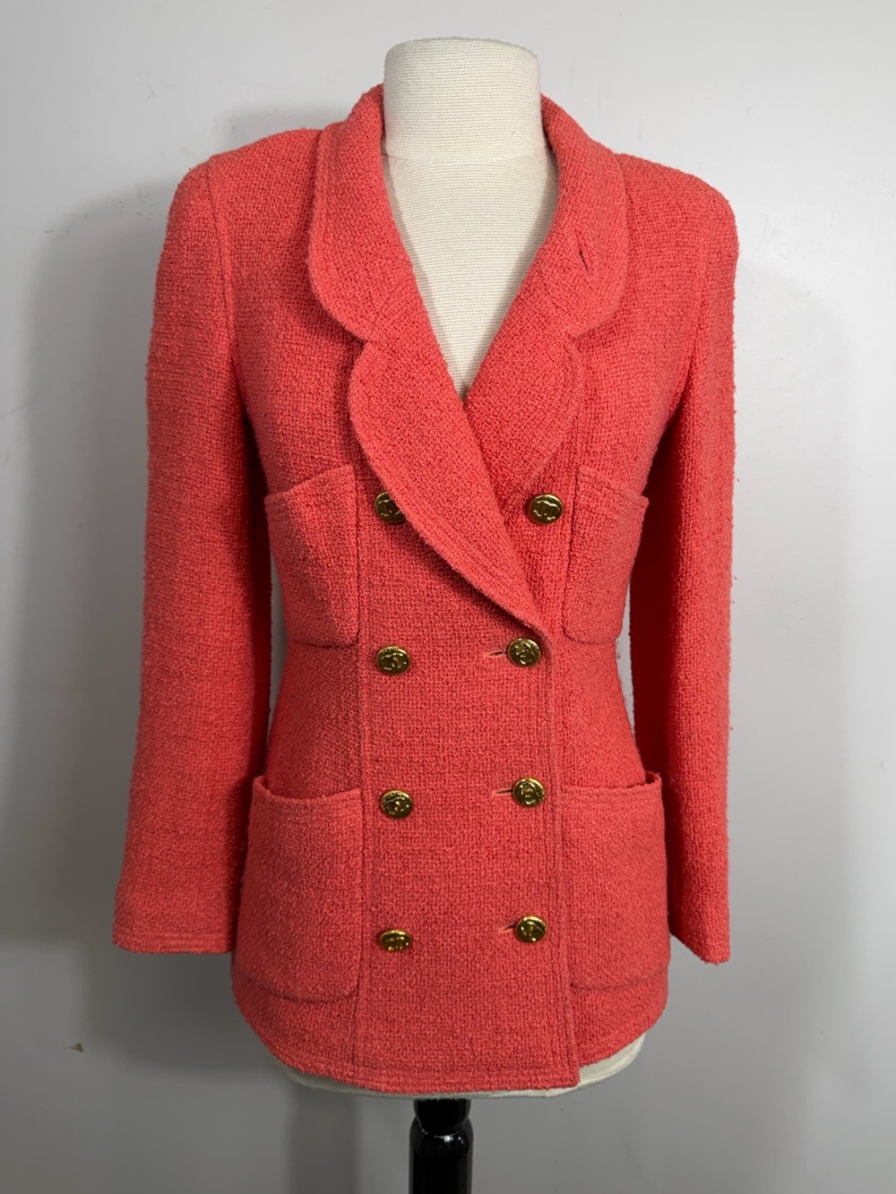 CHANEL 1993 Cruise Coral Pink Tweed Double Breasted Skirt Suit FR 34